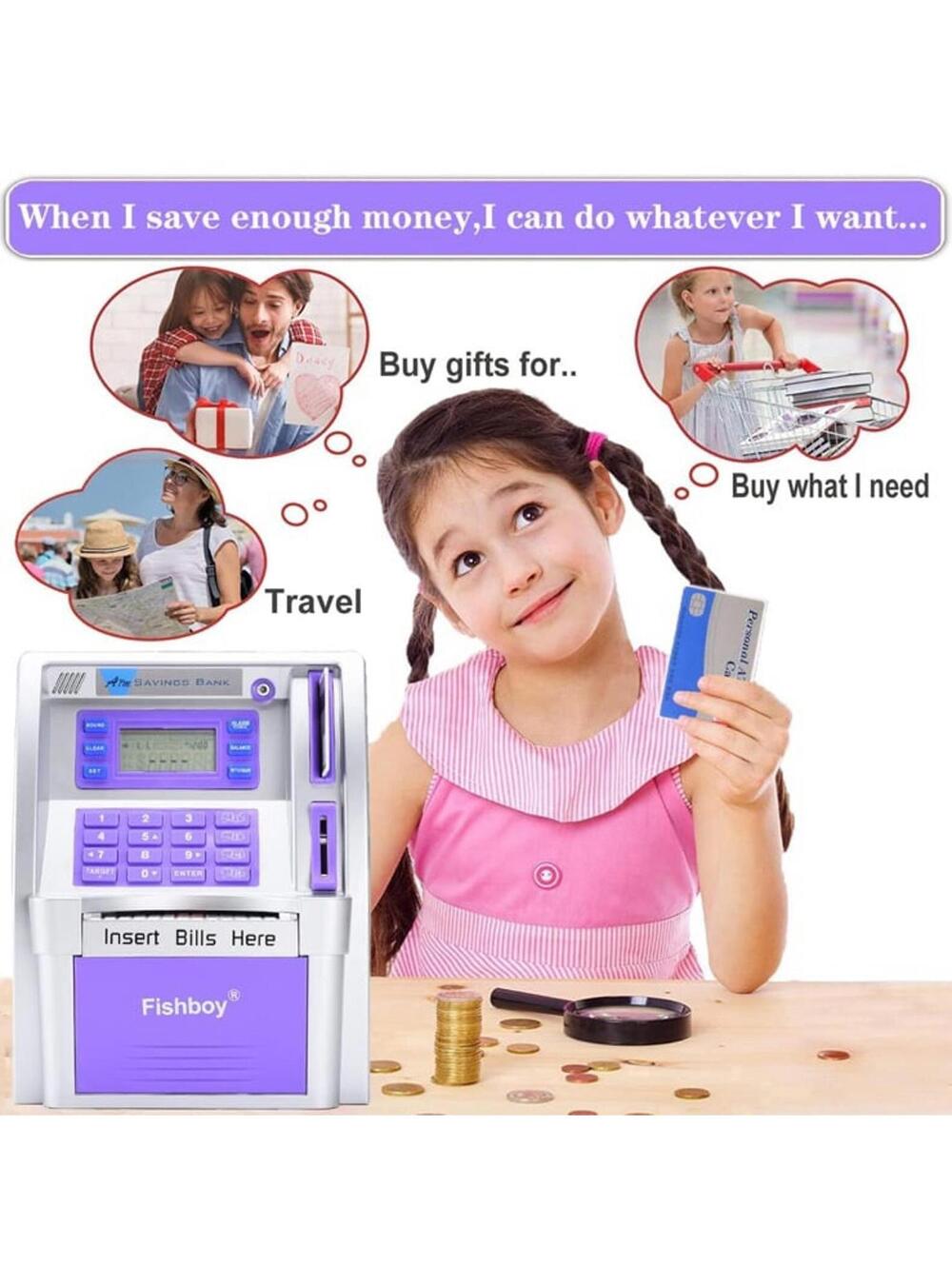 ATM Piggy Bank for Kids with Power-Off Memory and Debit Card for Real Money
